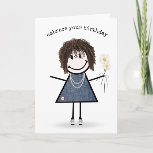 Birthday Stick Figure Girl with Daisies Card