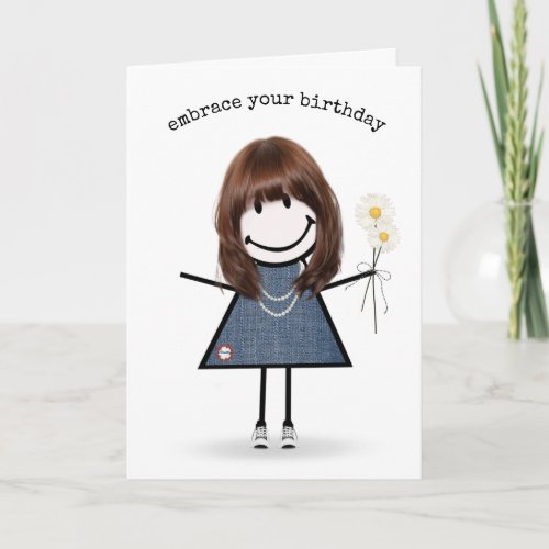 Birthday Stick Figure Girl with Daisies Card