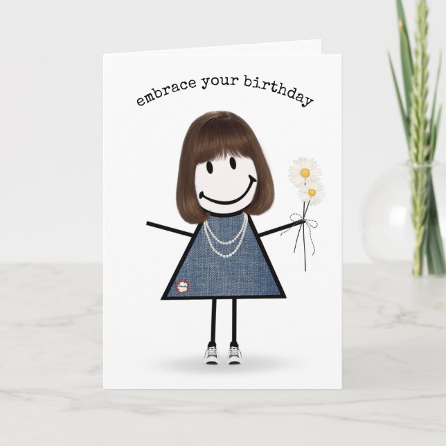Birthday Stick Figure Girl with Daisies Card (Front)