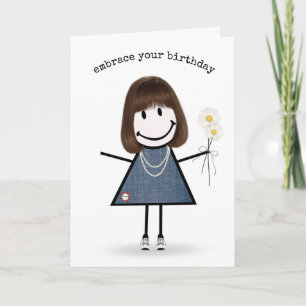 Birthday Stick Figure Girl with Daisies Card