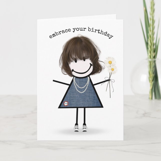 Birthday Stick Figure Girl with Daisies  Card (Front)