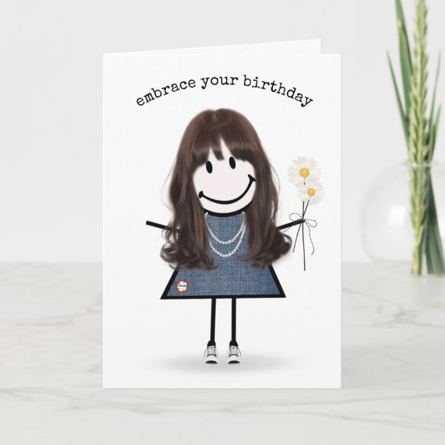 Birthday Stick Figure Girl with Daisies    Card (Front)