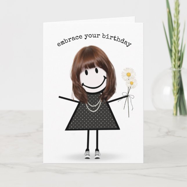 Birthday Stick Figure Girl with Daisies    Card (Front)