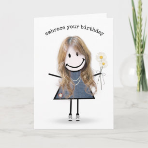 Birthday Stick Figure Girl with Daisies Card