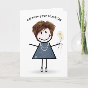 Birthday Stick Figure Girl with Daisies Card