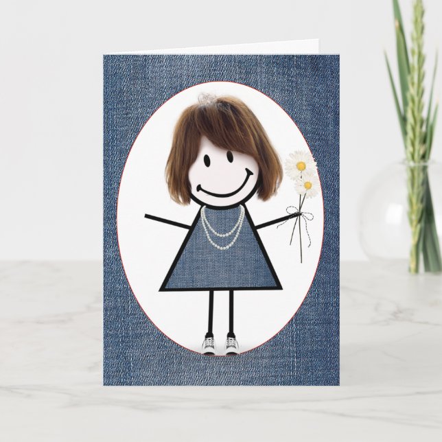 Birthday Stick Figure Girl with Daisies  Card (Front)
