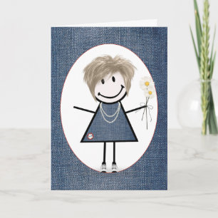 Birthday Stick Figure Girl with Daisies Card
