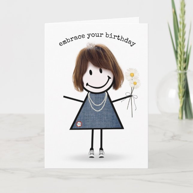 Birthday Stick Figure Girl with Daisies    Card (Front)