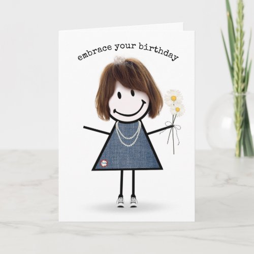 Birthday Stick Figure Girl with Daisies    Card