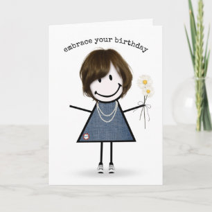 Birthday Stick Figure Girl with Daisies Card