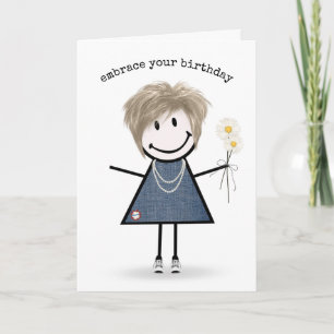 Birthday Stick Figure Girl with Daisies Card
