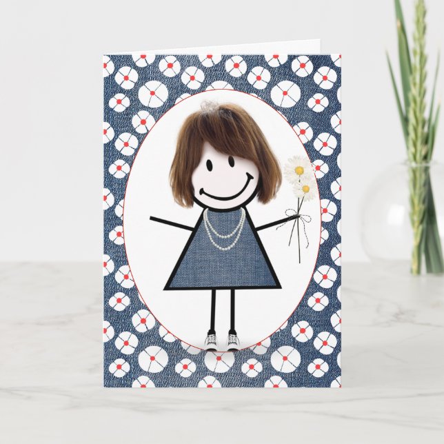 Birthday Stick Figure Girl with Daisies   Card (Front)