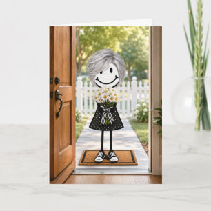 Birthday Stick Figure Girl with Daisy Bouquet Card