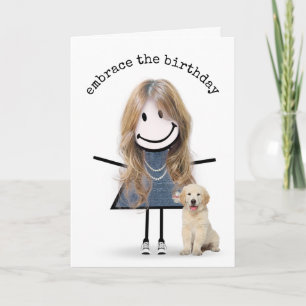 Birthday Stick Figure Girl with Golden Retriever Card