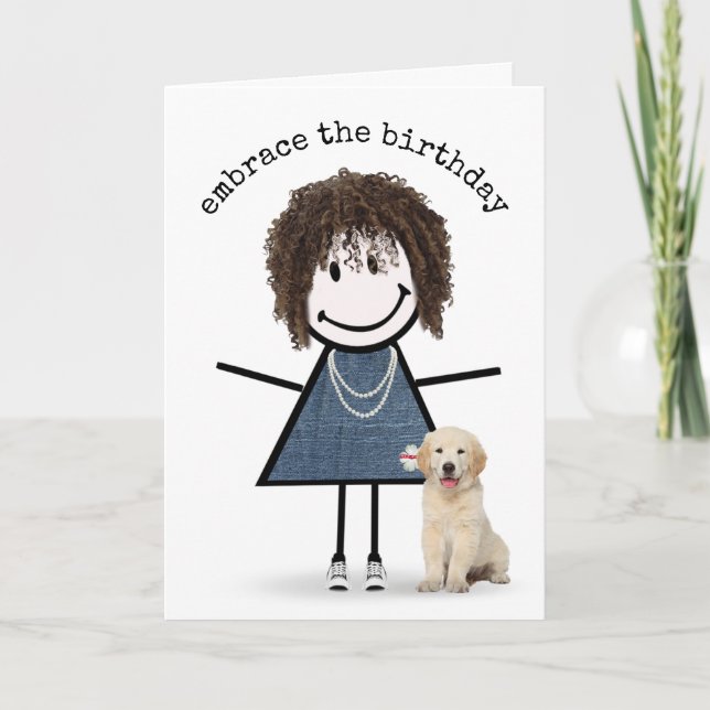 Birthday Stick Figure Girl with Golden Retriever Card (Front)