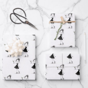 Birthday Stick Figure Girl with Martini Wrapping Paper Sheets