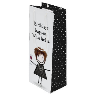 Birthday Stick Figure Girl with Red Wine  Gift Bag