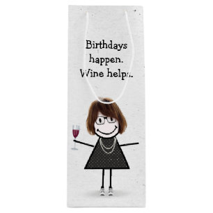 Birthday Stick Figure Girl with Red Wine Glass  Gift Bag