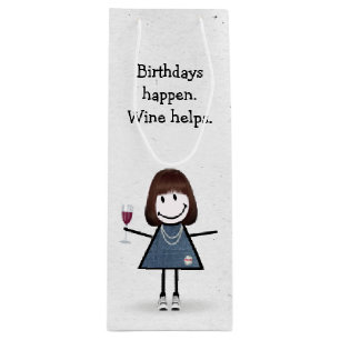 Birthday Stick Figure Girl with Red Wine Glass Win Wine Gift Bag