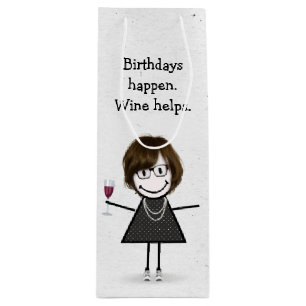 Birthday Stick Figure Girl with Red Wine Glass Wine Gift Bag
