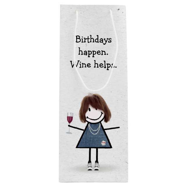 Birthday Stick Figure Girl with Red Wine Glass Wine Gift Bag (Front)