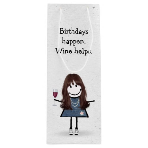 Birthday Stick Figure Girl with Red Wine Glass Wine Gift Bag