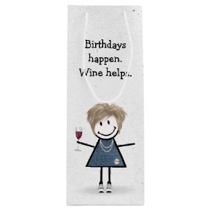 Birthday Stick Figure Girl with Red Wine Glass  Wine Gift Bag