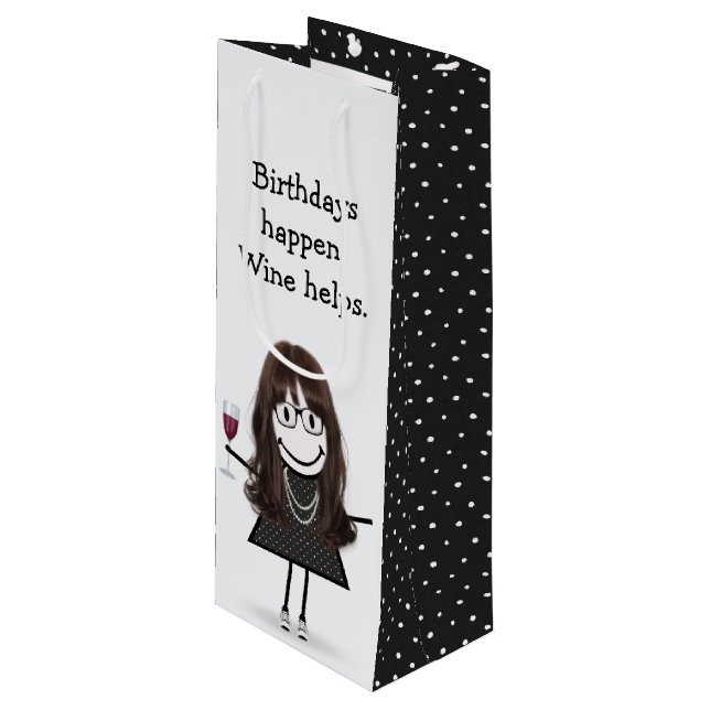 Birthday Stick Figure Girl with Red Wine Glass Wine Gift Bag (Front Angled)