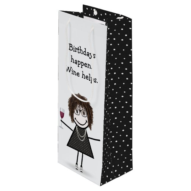 Birthday Stick Figure Girl with Red Wine Glass Wine Gift Bag (Front Angled)