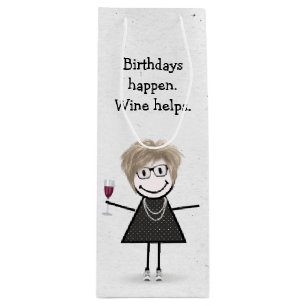 Birthday Stick Figure Girl with Red Wine Glass Wine Gift Bag