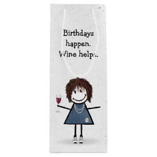 Birthday Stick Figure Girl with Red Wine Glass Wine Gift Bag