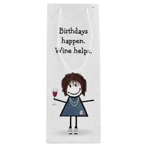 Birthday Stick Figure Girl with Red Wine Glass Wine Gift Bag