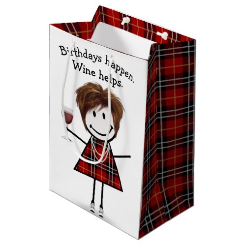 Birthday Stick Figure Girl with Red Wine   Medium Gift Bag