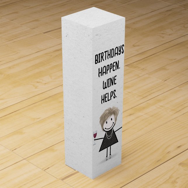 Birthday Stick Figure Girl with Red Wine Wine Box (Front)