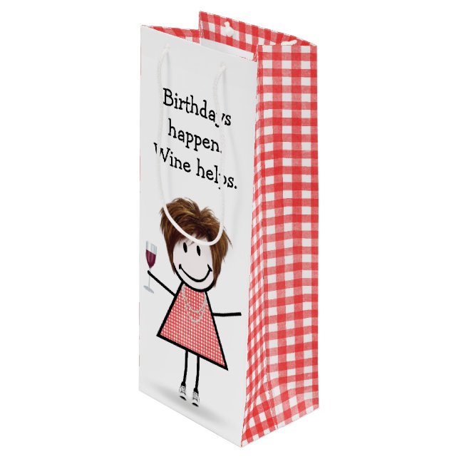 Birthday Stick Figure Girl with Red Wine  Wine Gift Bag (Front Angled)