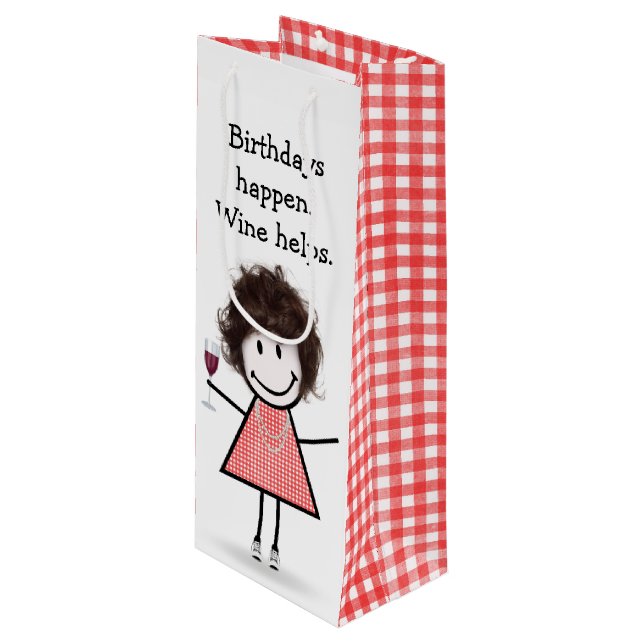 Birthday Stick Figure Girl with Red Wine  Wine Gift Bag (Front Angled)
