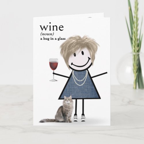 Birthday Stick Figure Girl With Wine And Cat Card