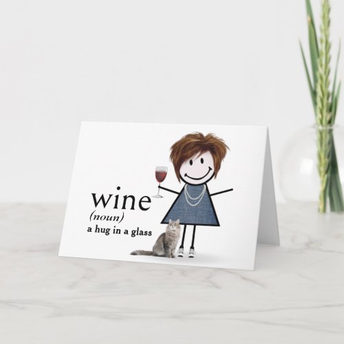 Birthday Stick Figure Girl With Wine And Cat Card