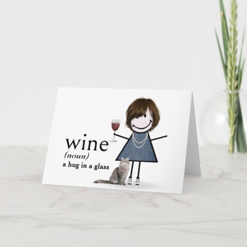 Birthday Stick Figure Girl With Wine And Cat Card