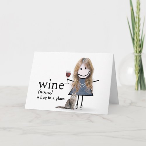 Birthday Stick Figure Girl With Wine And Cat Card