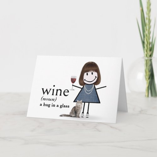 Birthday Stick Figure Girl With Wine And Cat Card