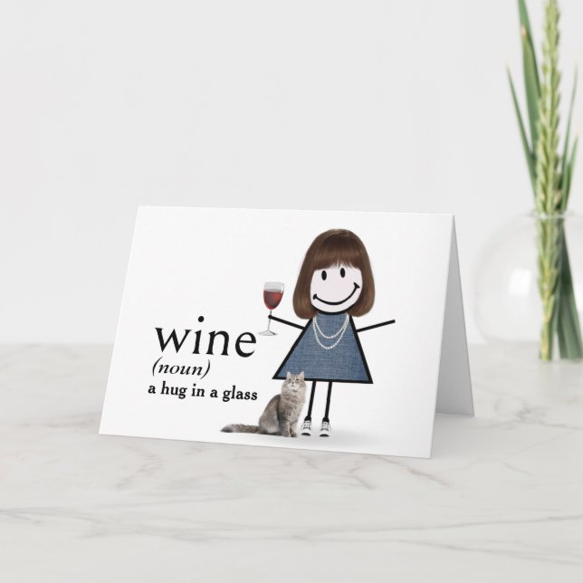 Birthday Stick Figure Girl With Wine And Cat Card (Front)