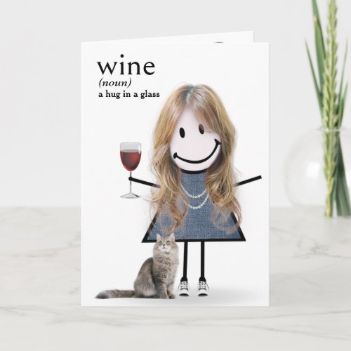 Birthday Stick Figure Girl With Wine And Cat Card