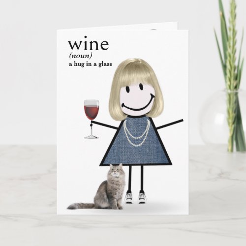 Birthday Stick Figure Girl With Wine And Cat Card