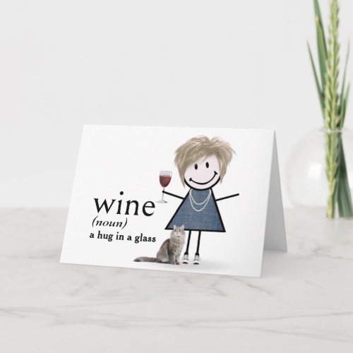 Birthday Stick Figure Girl With Wine And Cat Card