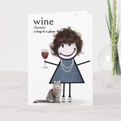 Birthday Stick Figure Girl With Wine And Cat Card