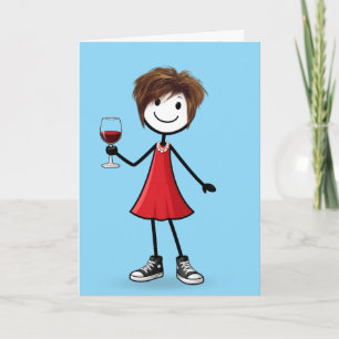 Birthday Stick Figure Girl with Wine Glass Card