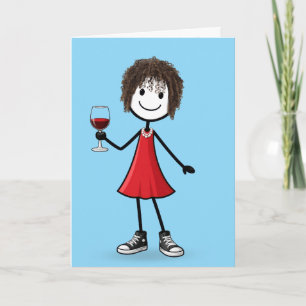 Birthday Stick Figure Girl with Wine Glass Card