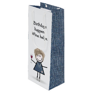 Birthday Stick Figure Girl with Wine Glass Gift Bag