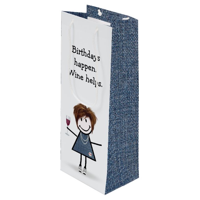 Birthday Stick Figure Girl with Wine Glass  Wine Gift Bag (Front Angled)